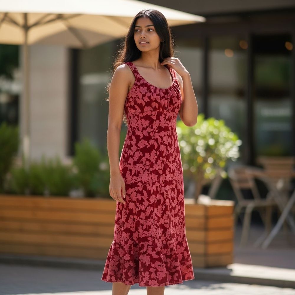 Vintage Kathie Lee Midi Dress 6 Y2K Red Floral Milkmaid Babydoll Ruffled